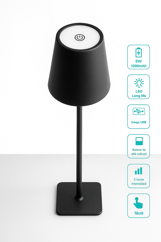 Fotografía de una lámpara LED negra con detalles técnicos como carga USB, batería de 1200 mAh, 3 intensidades de luz, y botón táctil, sobre fondo blanco.