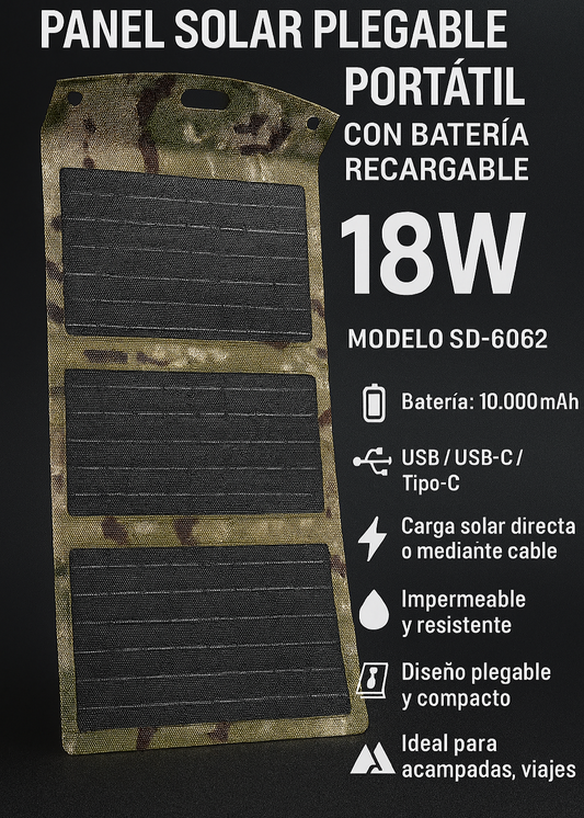 Imagen del panel solar SD-6062 completamente desplegado con texto sobreimpreso que resalta sus principales características técnicas como potencia, batería integrada, conectividad y resistencia