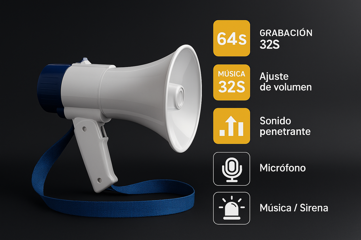 Imagen del megáfono ME-SD/6588 con especificaciones técnicas destacadas sobre fondo oscuro