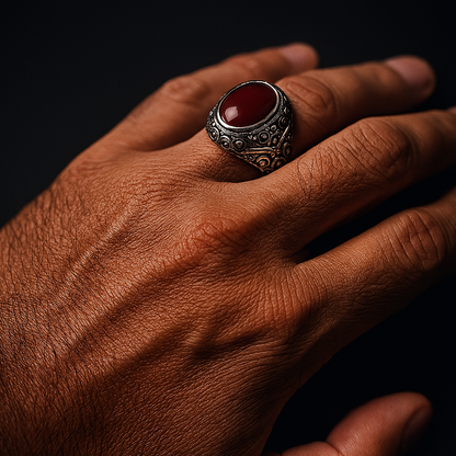 Mano con anillo de resina roja y acabado tipo plata