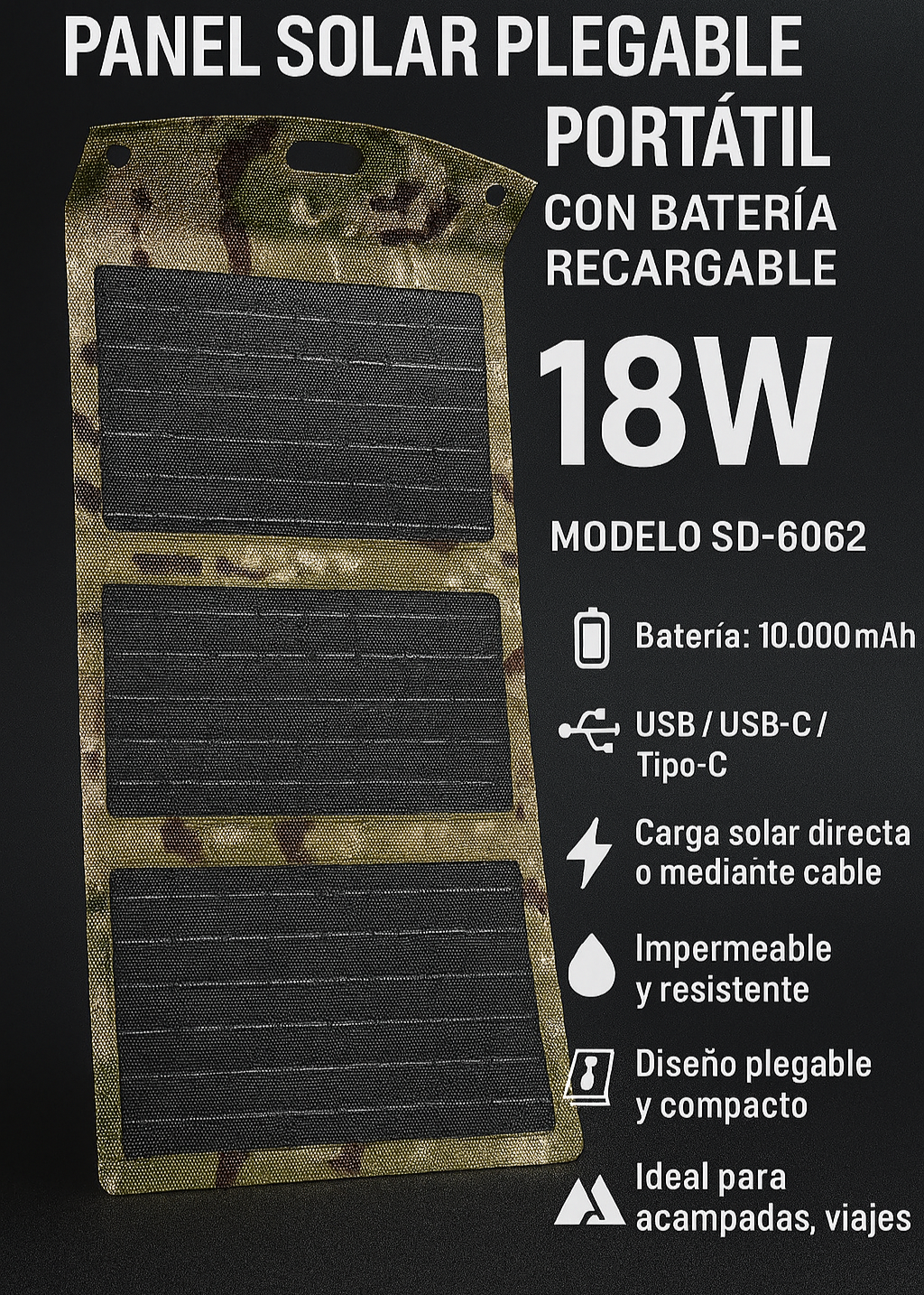Panel solar portátil completamente desplegado , batería integrada de larga duración, conectividad y resistencia