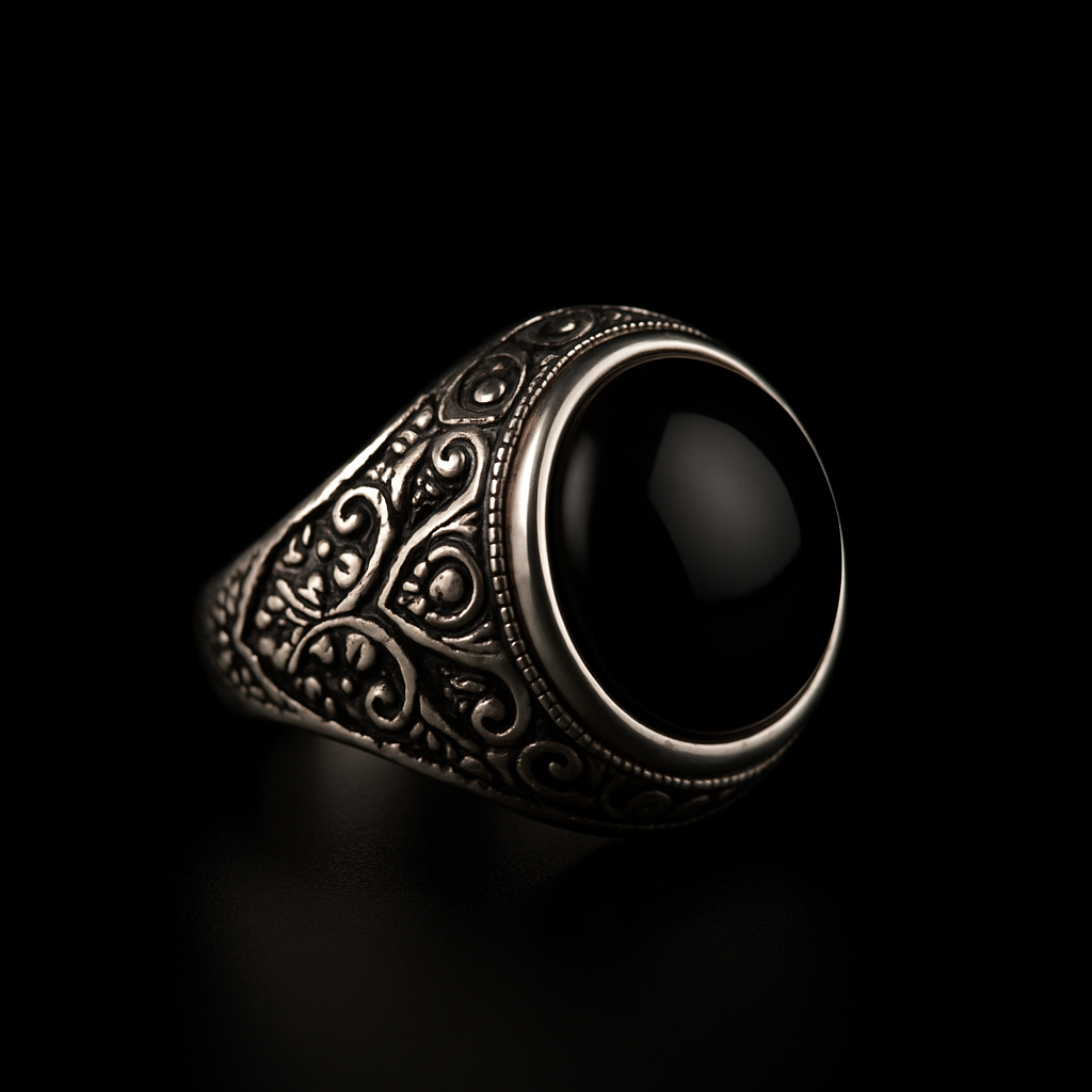	Anillo negro ónix unisex con diseño moderno