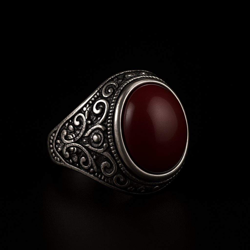 Anillo rojo sangre con acabado tipo plata y piedra pulida